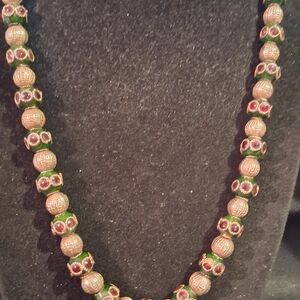 Gold-Tone Beaded Necklace with Green and Red Accents